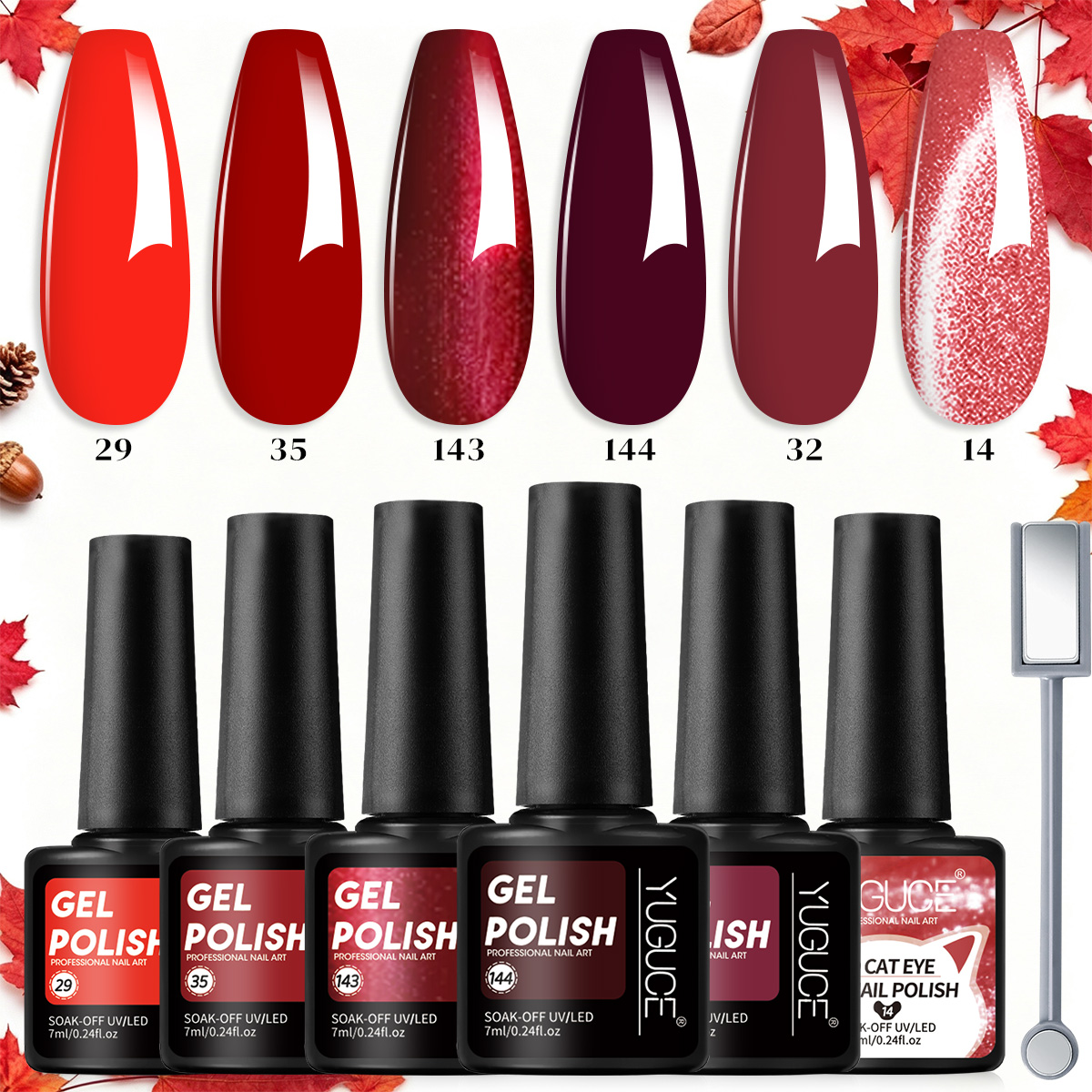 Nail Art Red Wine Cat Eye - 7-delige wijnrode en bordeauxrode gel nagellakset,