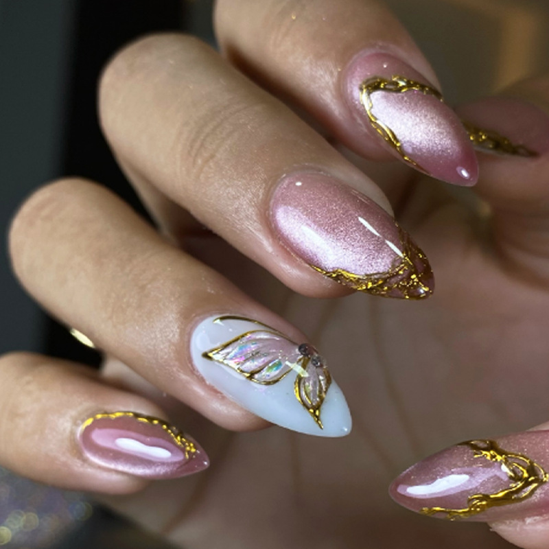 Nail Art Full Cat Eye - Kattenoog amandelvormige kunstnagels met gouden vlinderpatroon,