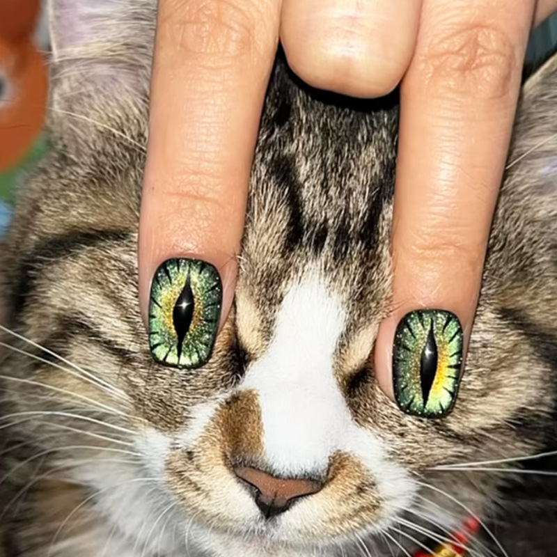 Nail Art Full Cat Eye - Korte nepnagels voor vrouwen, glimmende kattenoog-effect,