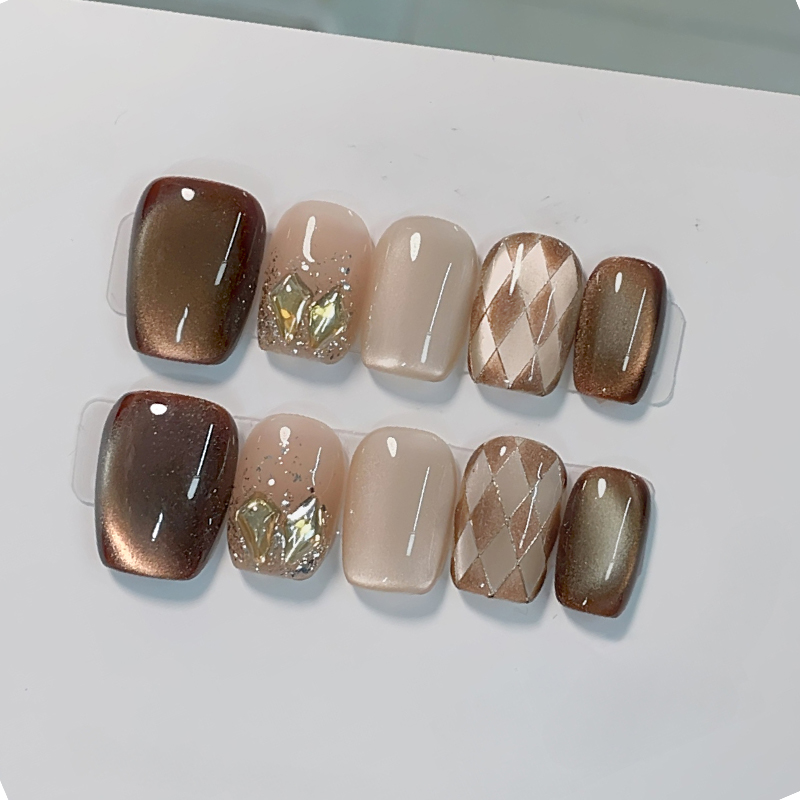 Press On Nail Set - 10 stuks handgemaakte opzetnagels koffiebruin grid